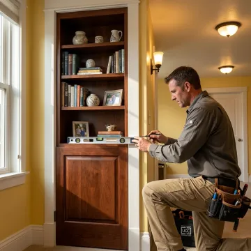 Installer fitting a hidden bookcase door