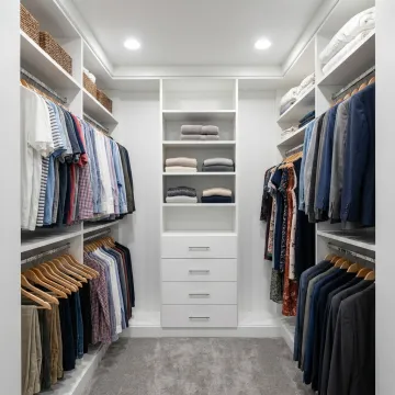Custom walk-in closet with organized shelves and drawers