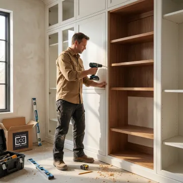 Custom cabinet maker installing built-in cabinets