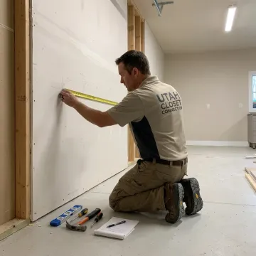 Installer measuring garage wall cabinets