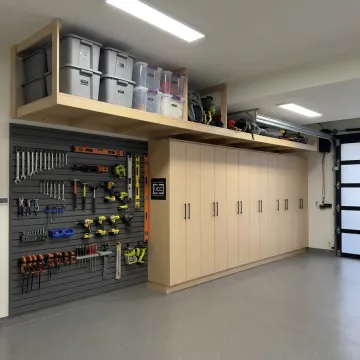 Custom garage cabinets and organized storage system