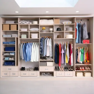 Custom walk-in closet with shelving and drawers