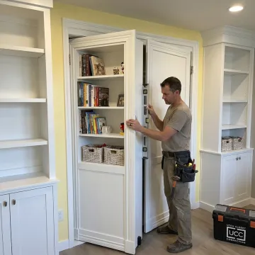 Craftsman installing a hidden bookcase door