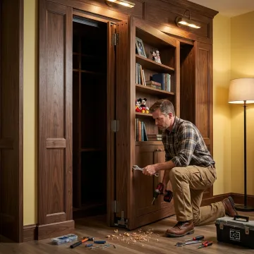 Installer fitting a custom hidden bookcase door