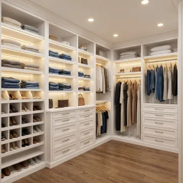 Luxury custom walk-in closet with built-in shelving and drawers