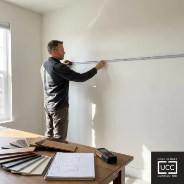 Installer measuring wall bed cabinetry