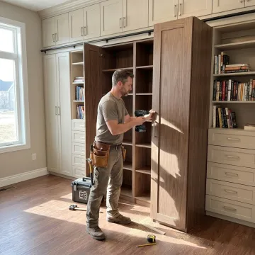 Installer fitting a custom Murphy bed bookcase