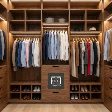 Custom closet with organized shelves and drawers