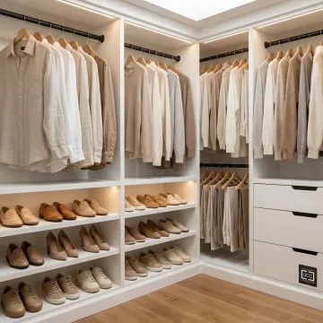 Custom walk-in closet with built-in shelves and drawers