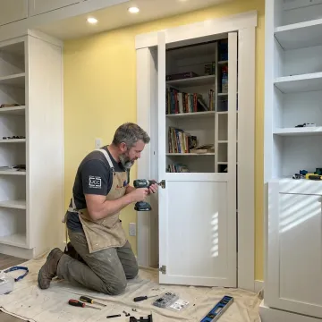Installer aligning a custom hidden bookcase door