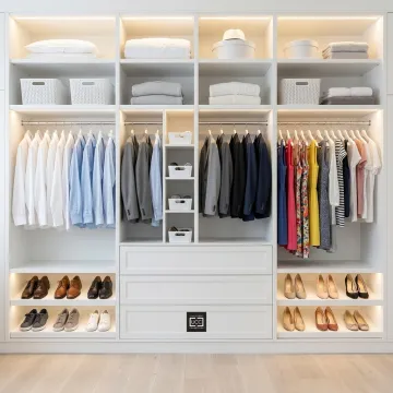 Custom closet with organized shelves and drawers