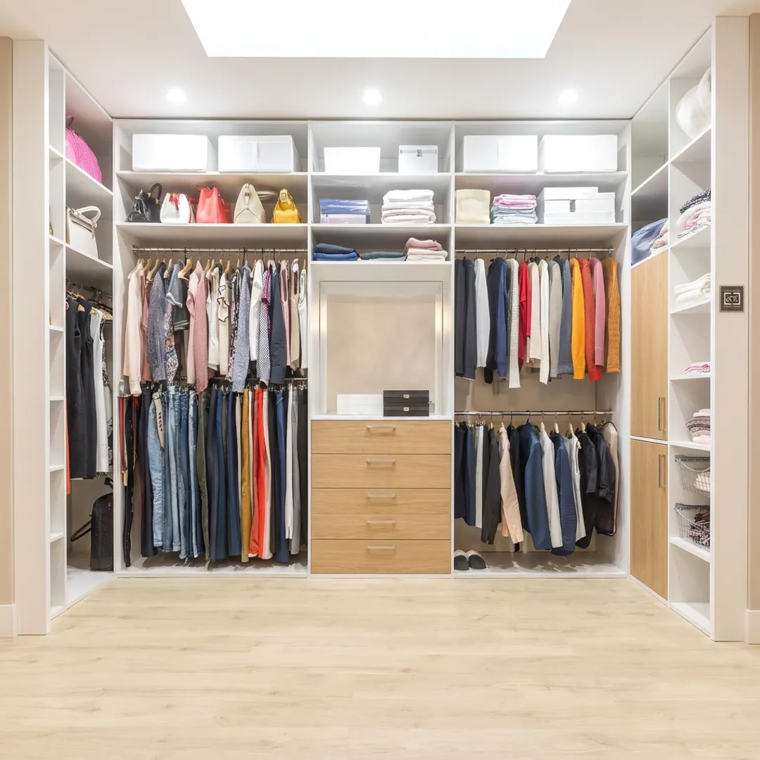 Custom built-in cabinets in a clean organized home interior