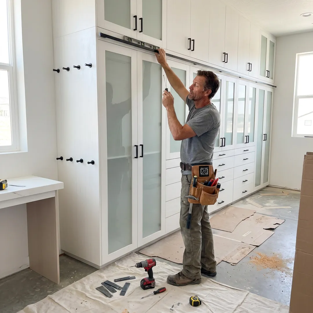 Installer fitting custom built-in cabinets in a home