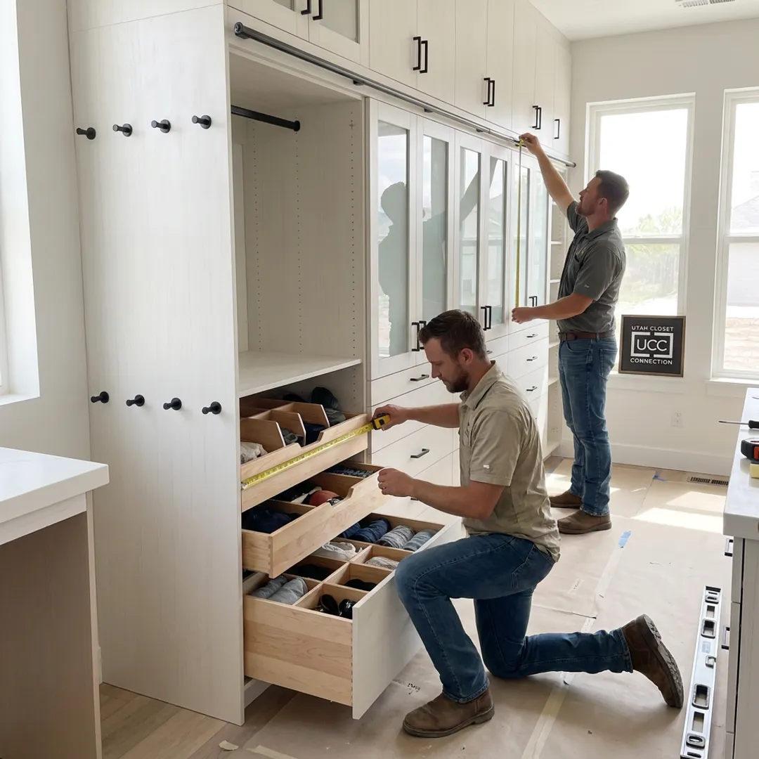 Custom built-in shelves and cabinets in an organized home