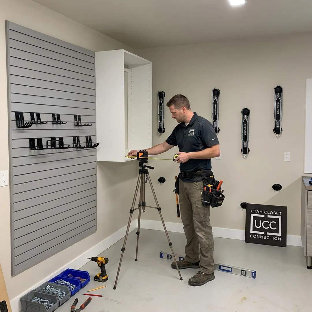 Installer measuring custom built-in cabinet storage