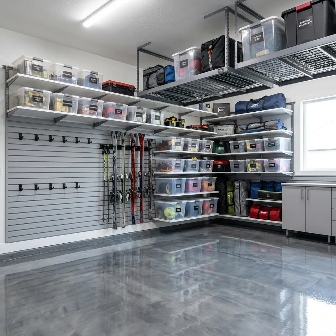 Organized garage with custom storage cabinets