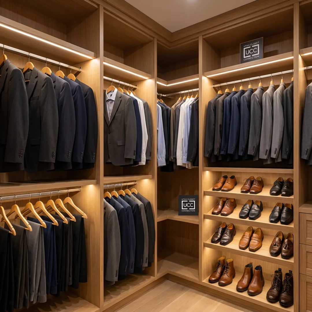 Luxury men’s closet with custom cabinetry