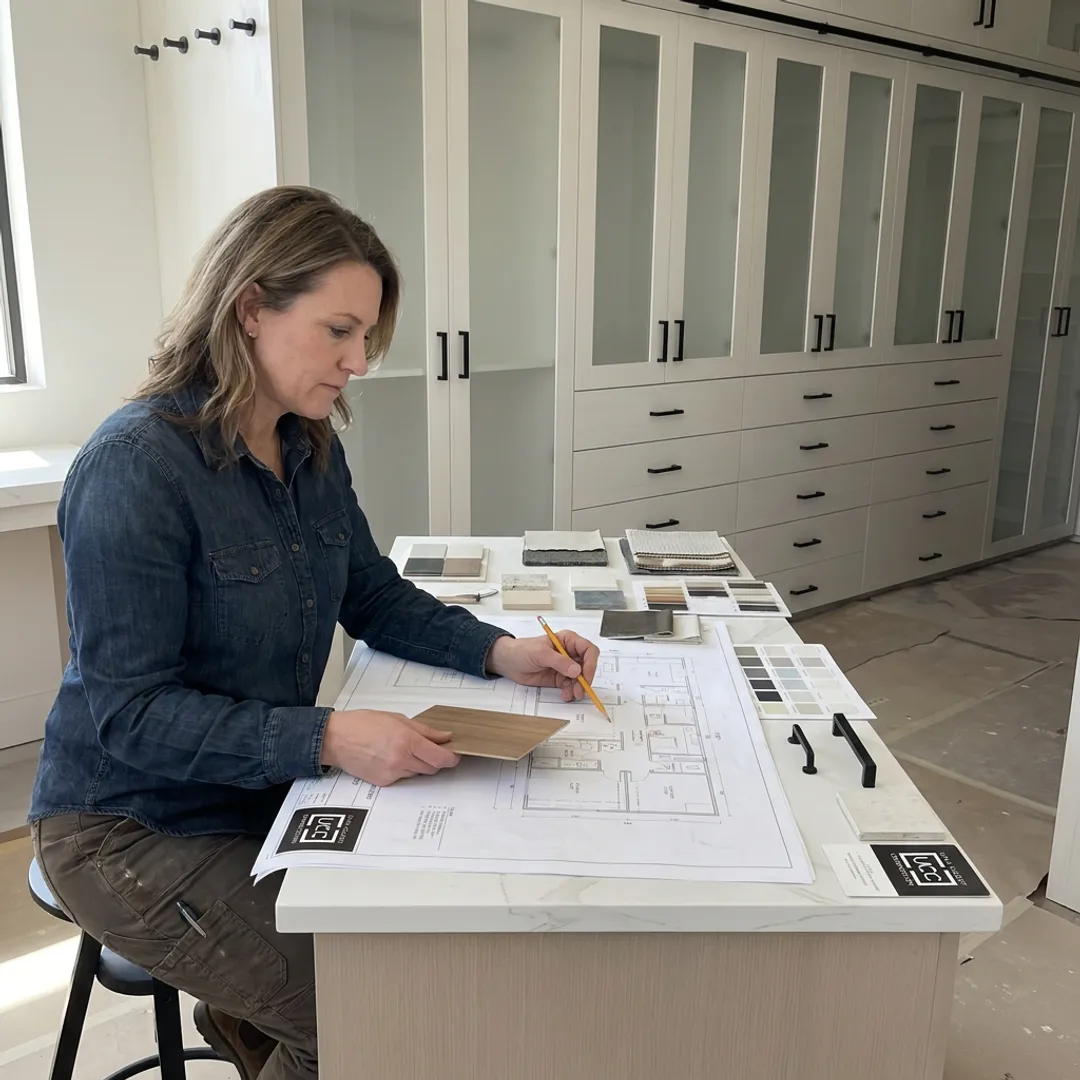 Designer planning custom craft room cabinets