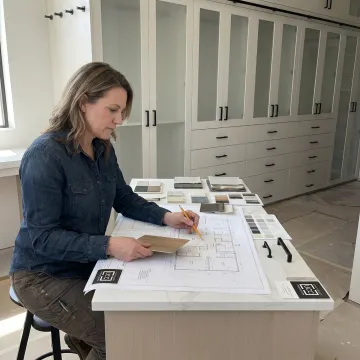 Designer planning custom craft room cabinets