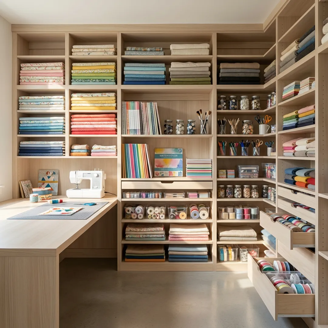 Custom craft room storage furniture with cabinets and shelves