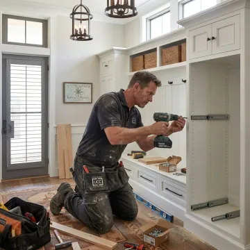 Installer fitting custom storage cabinets