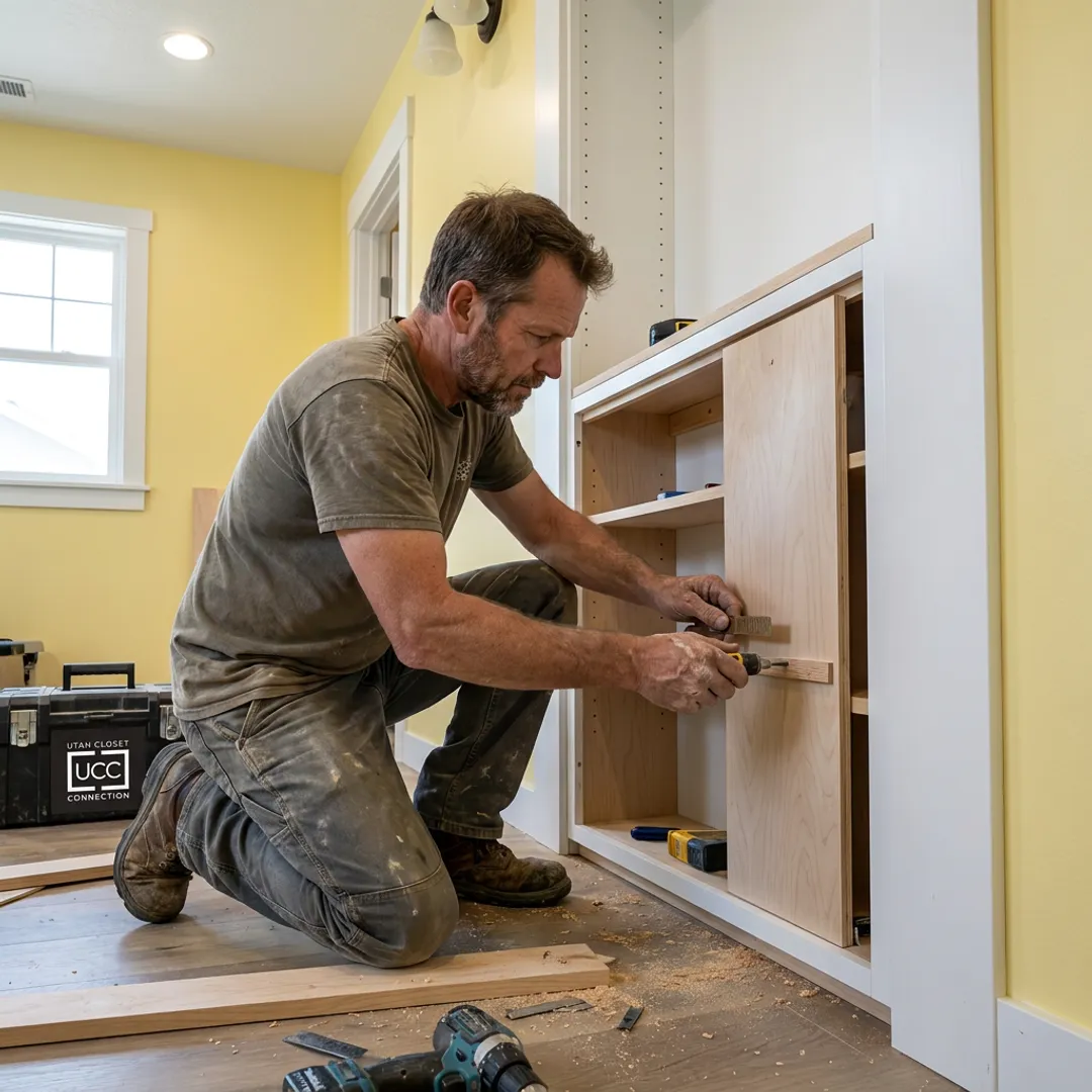 Installer fitting a hidden cabinet into a built-in wall unit