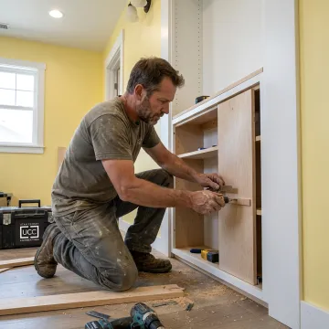 Installer fitting a hidden cabinet into a built-in wall unit
