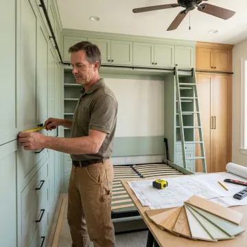 Installer measuring modern custom cabinetry