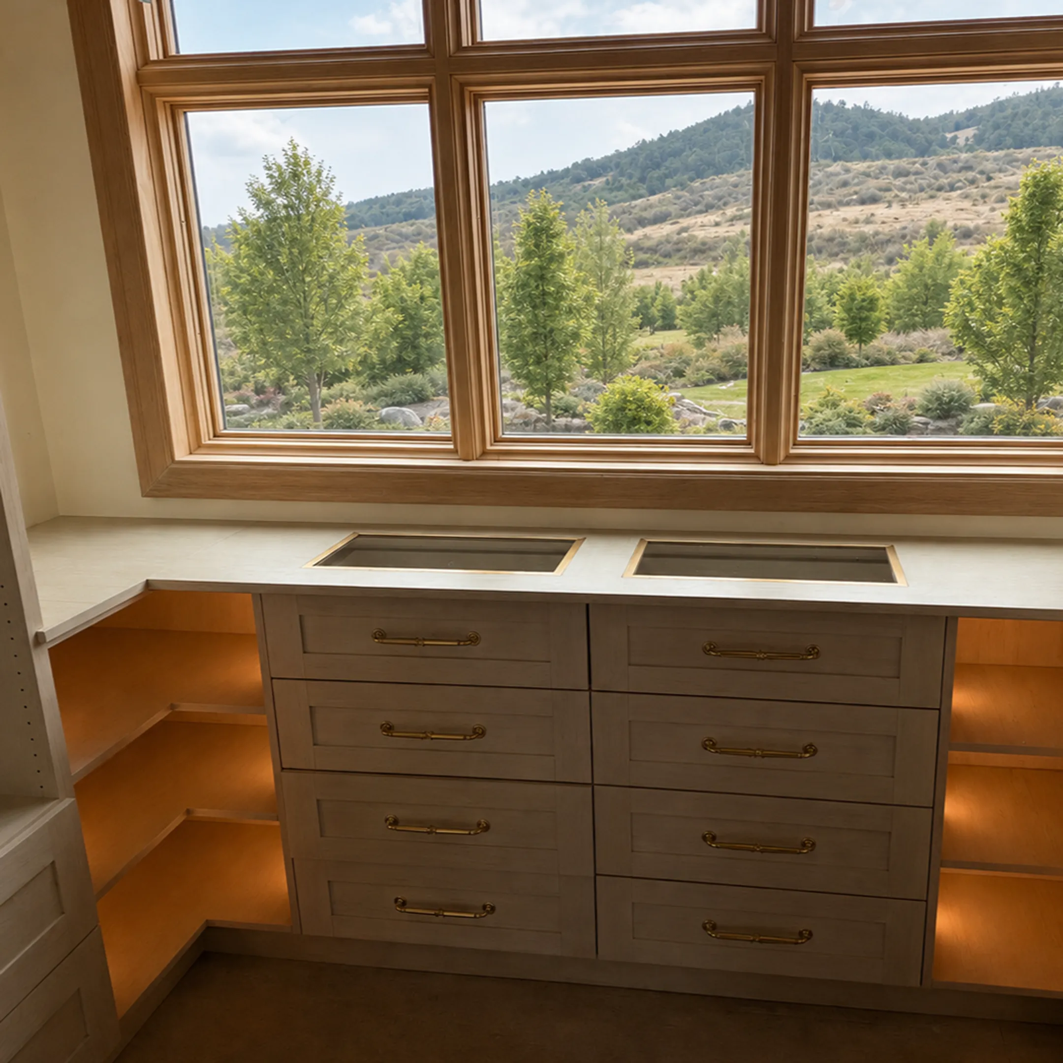 Custom walk-in closet with organized shelves and drawers