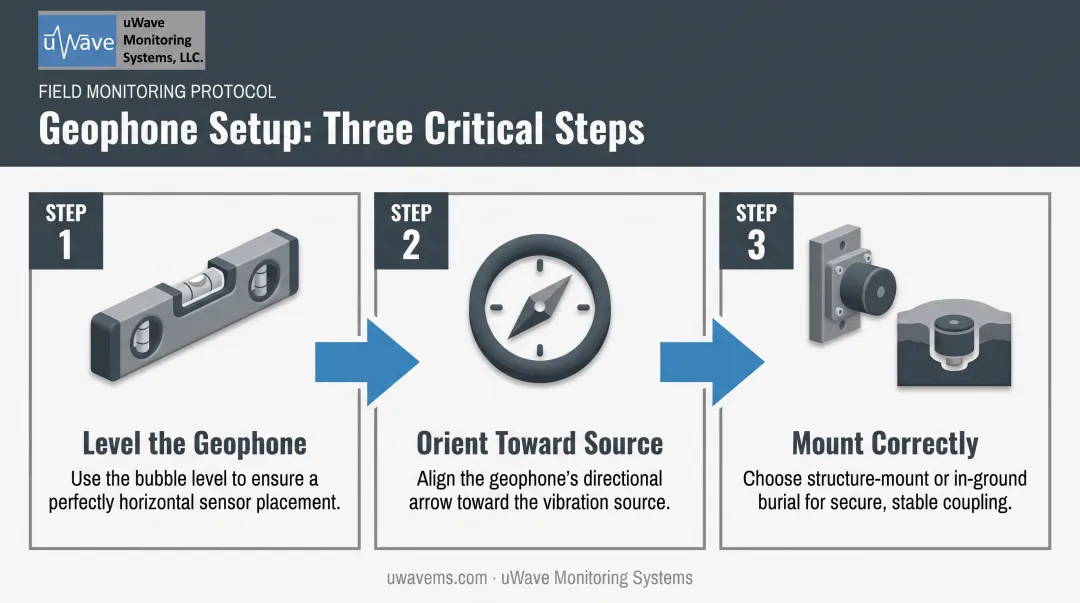 3-step geophone leveling orientation and mounting process for pile driving