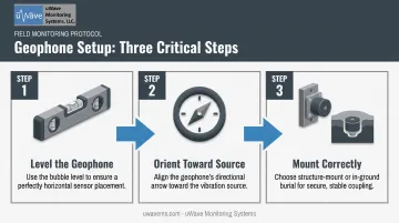 3-step geophone leveling orientation and mounting process for pile driving
