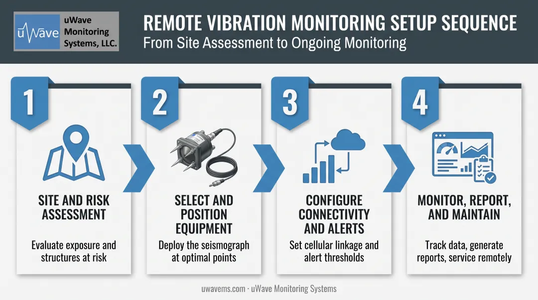 4-step remote construction vibration monitoring setup process flow