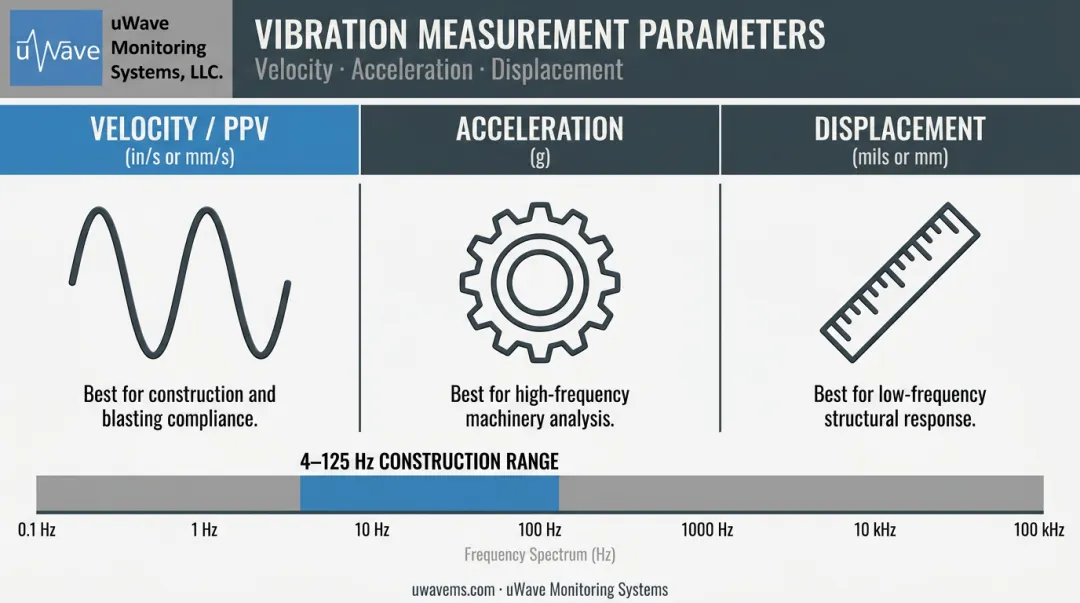 Three vibration measurement parameters comparison PPV acceleration and displacement chart