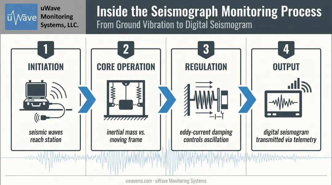 Four-stage seismograph process flow from detection to digital seismogram output