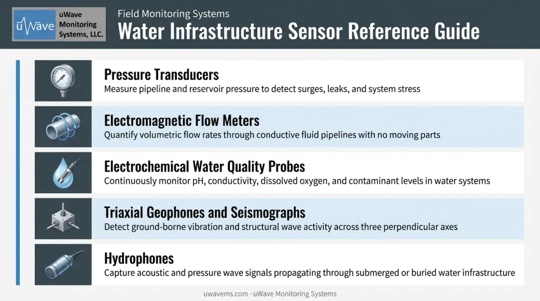 Five core real-time water infrastructure monitoring sensor types and functions