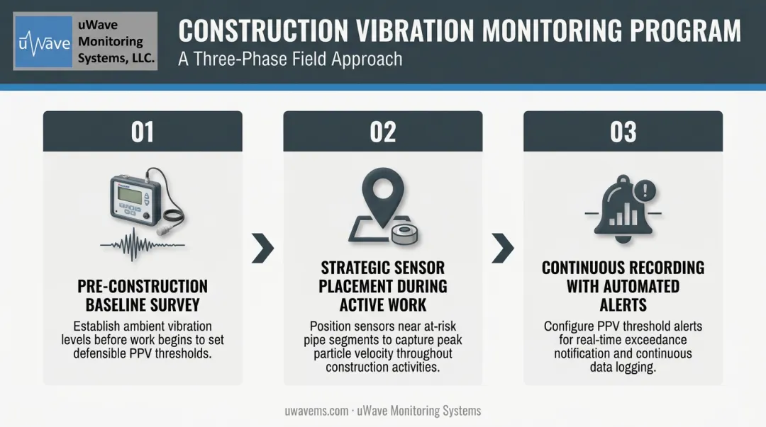 Three-phase construction vibration monitoring protocol for buried water pipeline protection