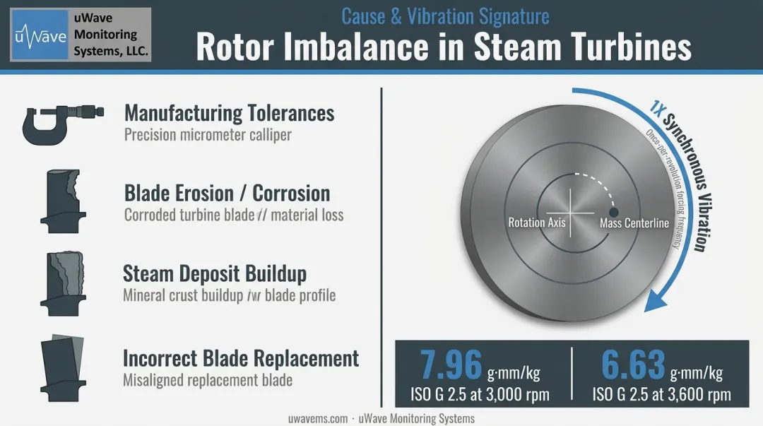 Rotor imbalance causes and ISO G2.5 balance grade specifications infographic