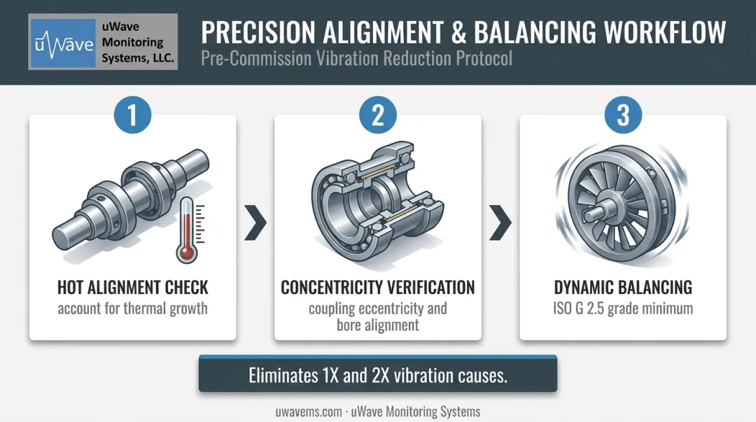 Precision shaft alignment and rotor balancing steps for steam turbine maintenance