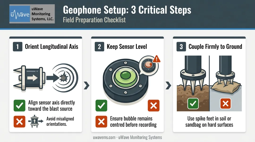 Three-step geophone orientation and ground coupling setup process diagram