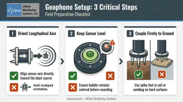 Three-step geophone orientation and ground coupling setup process diagram