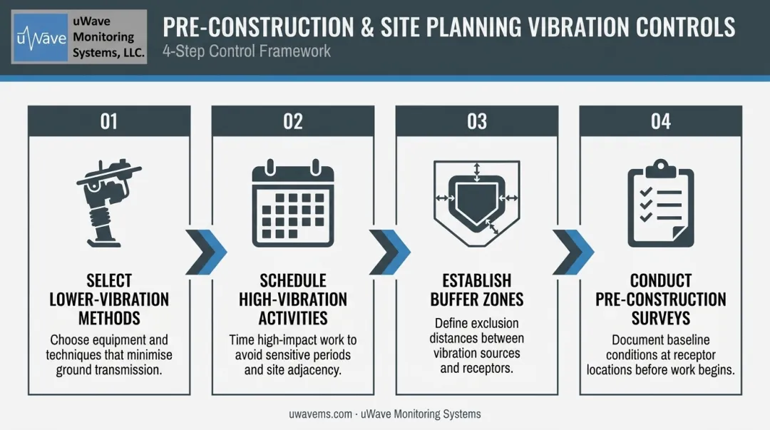 4-step construction site vibration control planning process flow infographic
