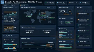 Enterprise asset performance management dashboard displaying predictive maintenance analytics and alerts