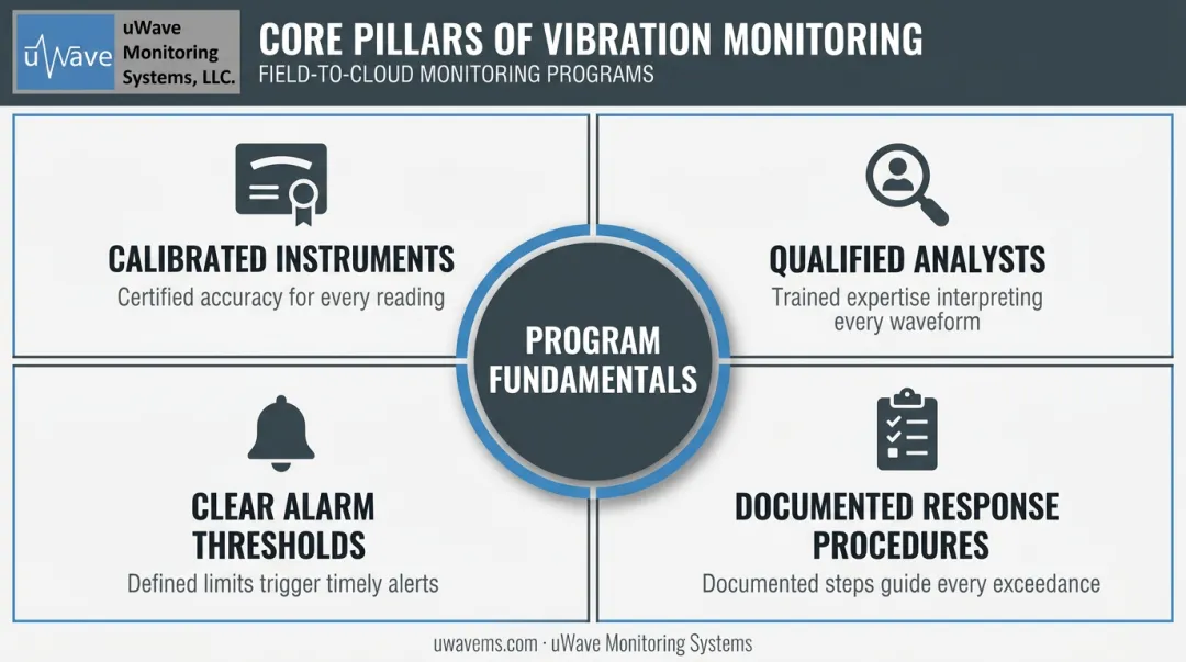 Four pillars of an effective vibration monitoring program infographic