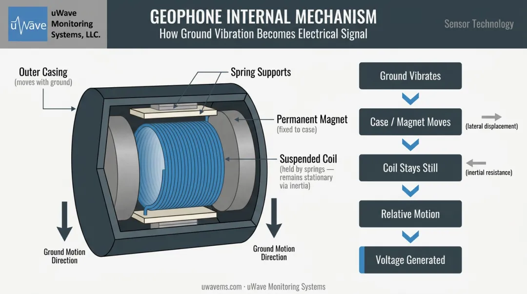 Seismic geophone electromagnetic induction working principle diagram with coil and magnet