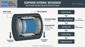Seismic geophone electromagnetic induction working principle diagram with coil and magnet