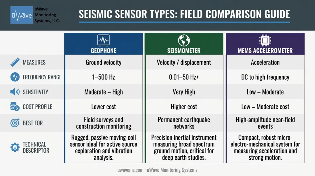 Geophone versus seismometer versus MEMS accelerometer three-way sensor comparison infographic