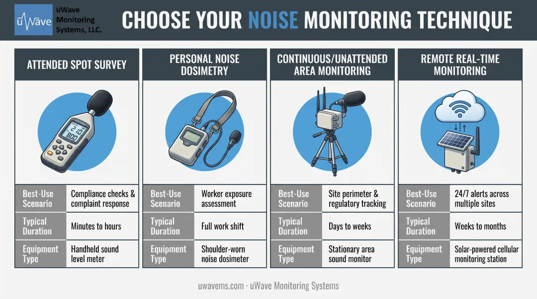 Four noise monitoring techniques comparison: spot survey, dosimetry, continuous, remote monitoring
