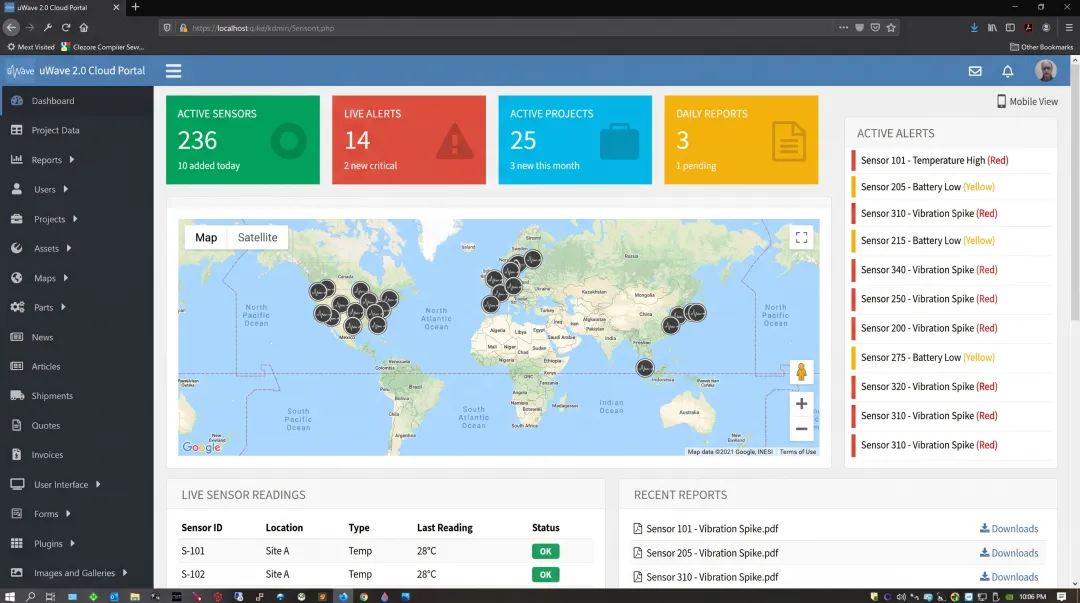 uWave Project Manager portal dashboard showing real-time vibration and sound alerts