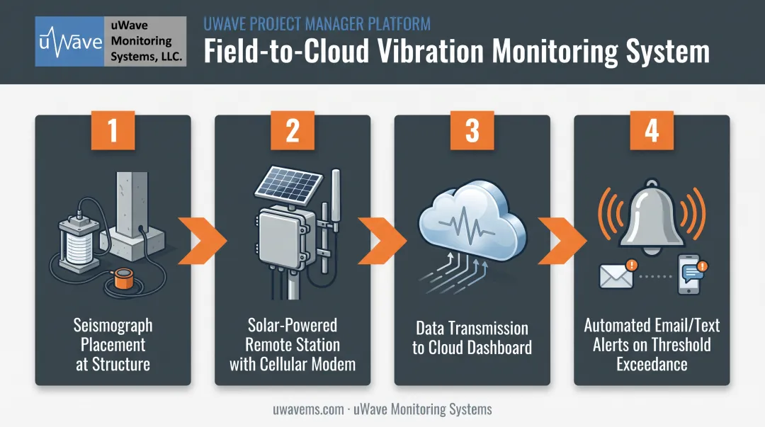 Field-to-cloud vibration monitoring workflow from sensor to alert