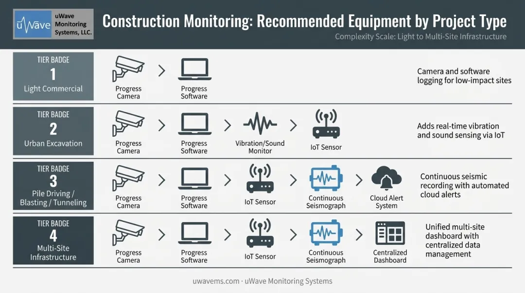 Construction project type monitoring technology stack tiered recommendation framework